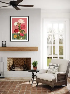 Plakat Blooming Garden - kolorowe kwiaty na różowym niebie - obrazek 3