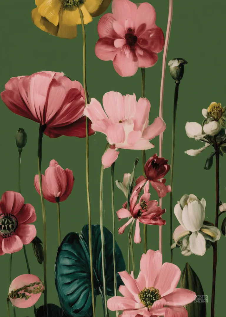 Green Florals — malarskie kwiaty w odcieniach różu, żółci i bieli na ciemnozielonym tle, artystyczne