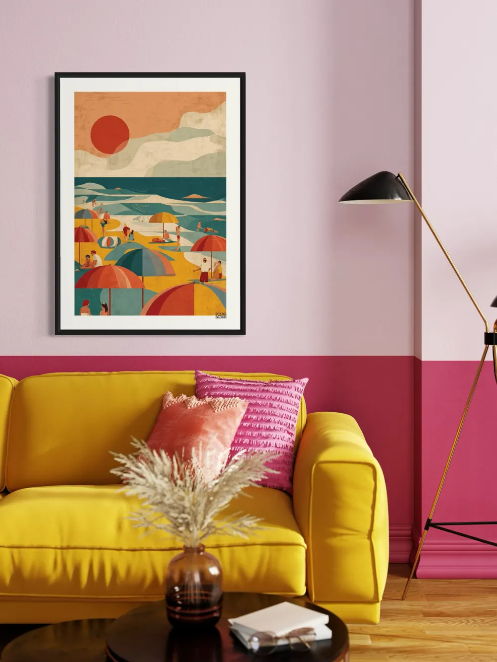 Plakat Summer Beach - plaża z kolorowymi parasolami i czerwonym słońcem w stylu retro - obrazek 3