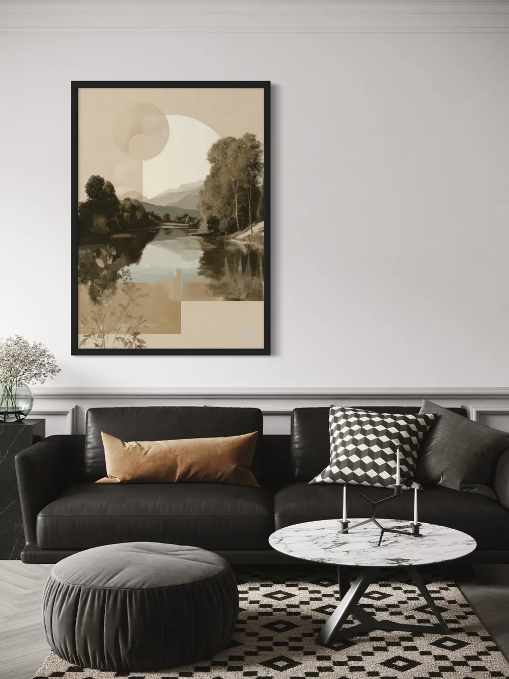 Plakat Geometric River - spokojna rzeka z drzewami i górami - obrazek 2