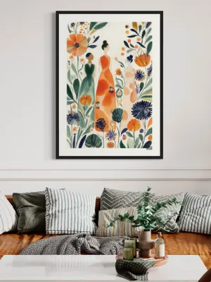 Plakat Floral Ladies - trzy kobiety w sukniach pośród kwiatów, akwarela, pomarańcz zieleń granat - obrazek 2