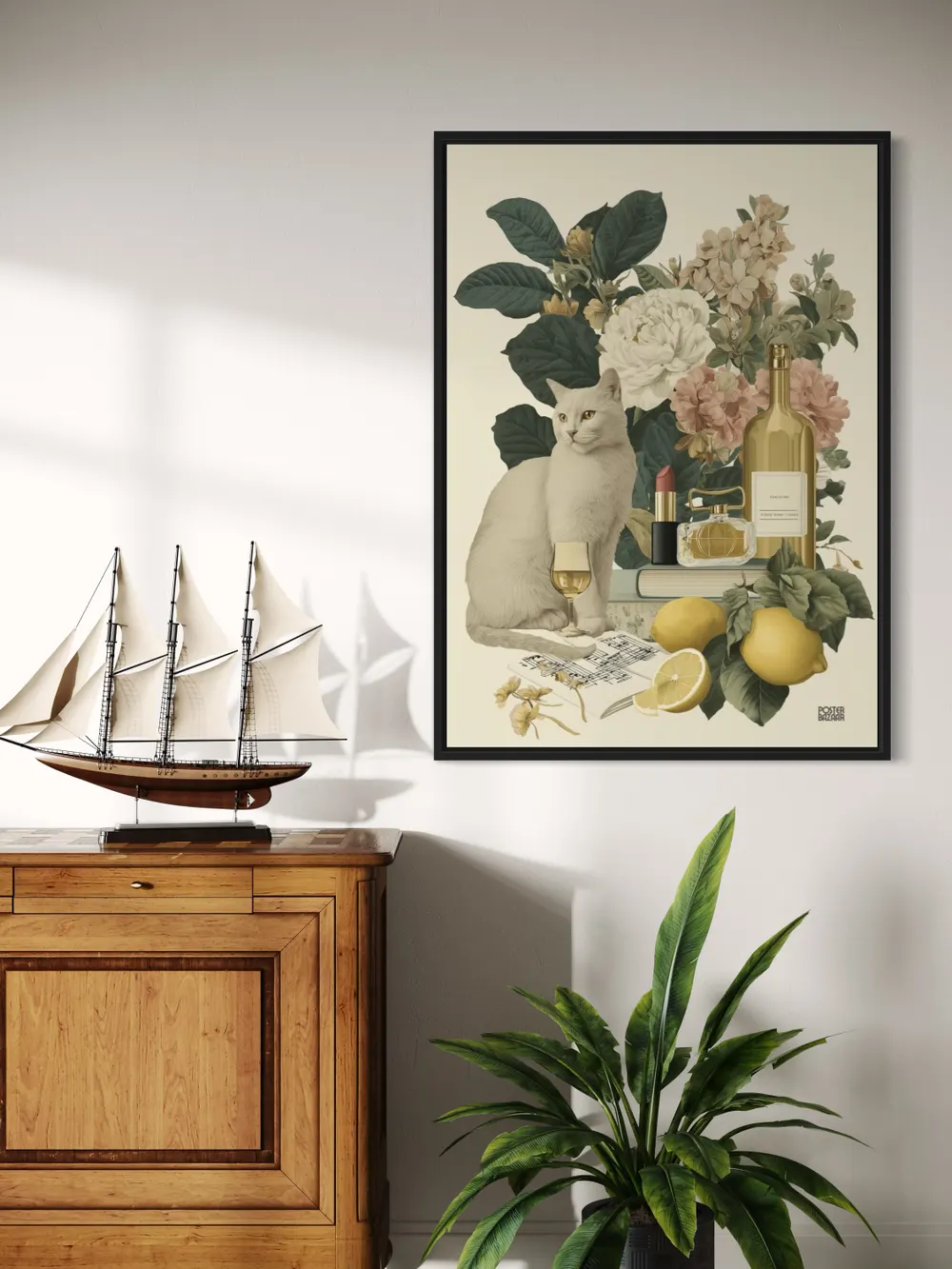 Plakat Cat Lemon - biały kot, cytryny, kwiaty - obrazek 2