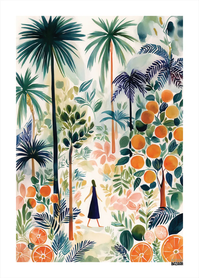 Tropical Walk — kobieta spacerująca wśród palm i drzew pomarańczowych
