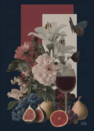 Plakat Nocturne Feast - klasyczna kompozycja kwiatów, owoców i wina w głębokich barwach