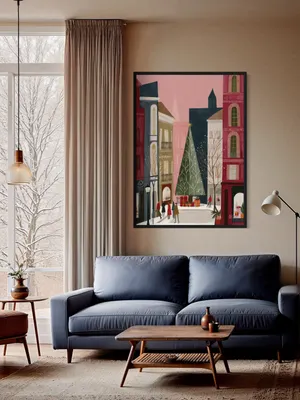 Plakat Festive Square - świąteczna choinka, prezenty i pastelowe kamienice - obrazek 2