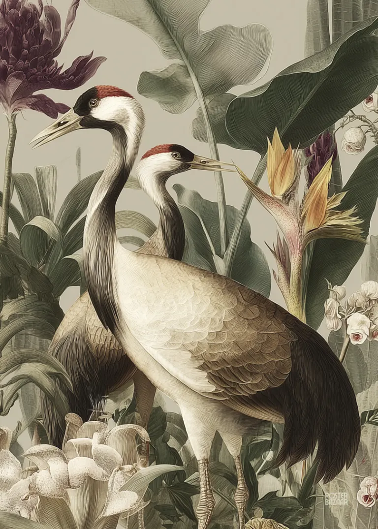 Crane Gardenia — dwa żurawie wśród egzotycznych liści i kwiatów, styl vintage