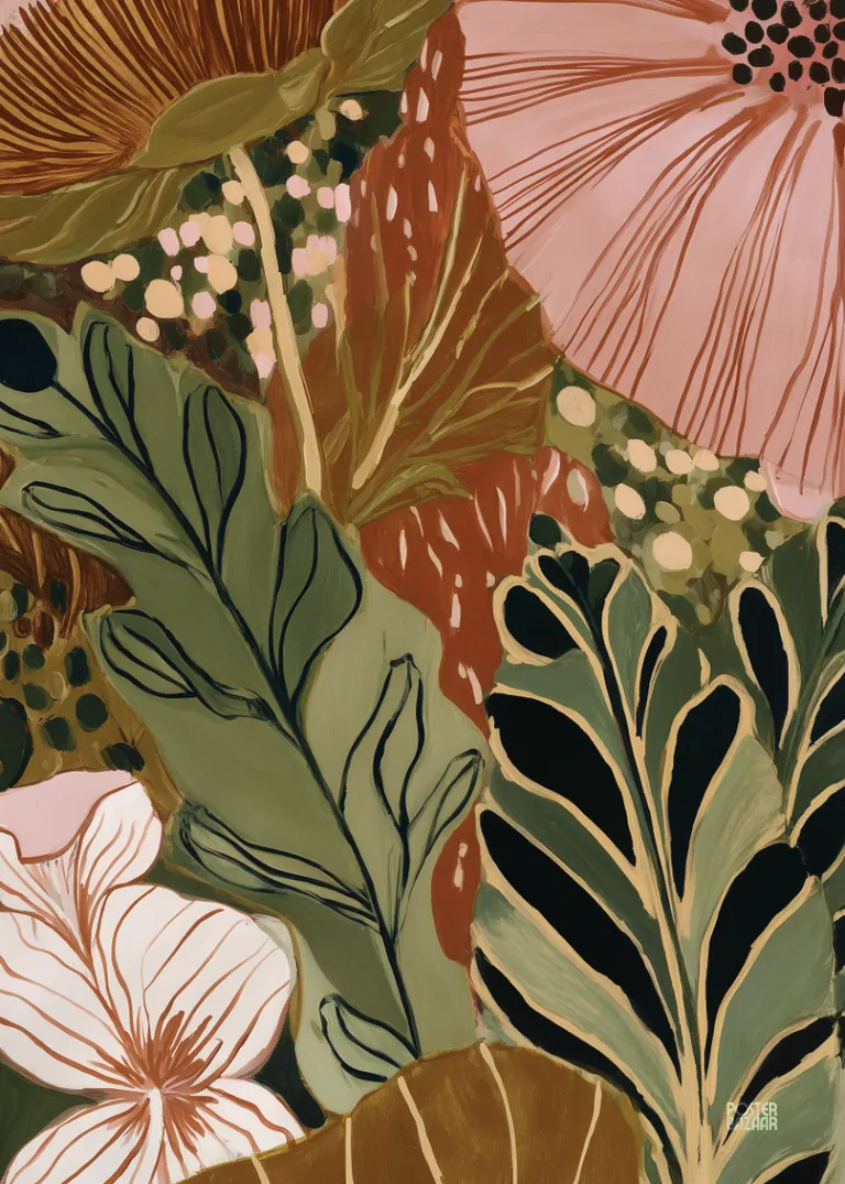 Terracotta Petals — abstrakcyjne liście i kwiaty w ciepłych, ziemistych kolorach