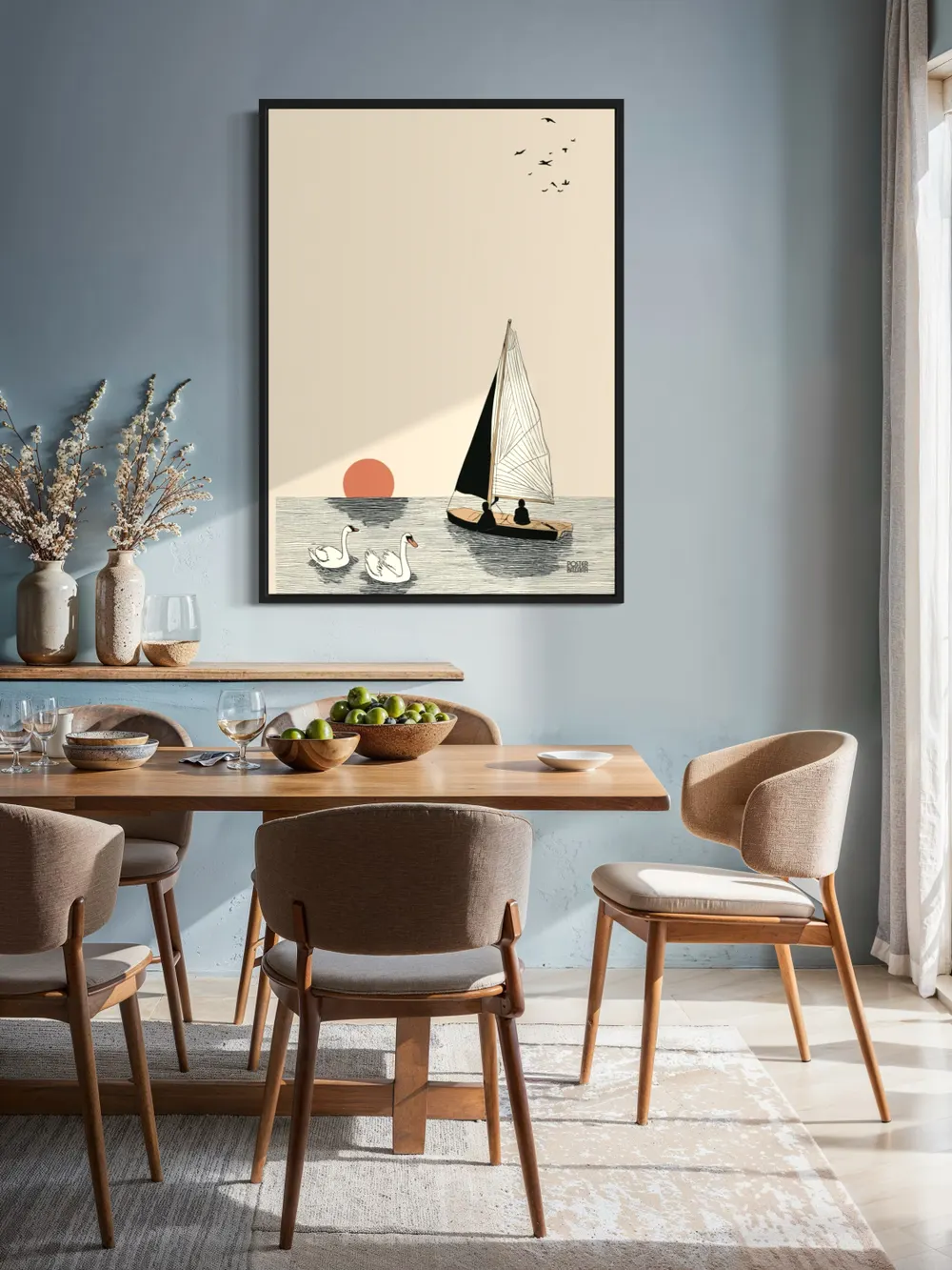 Plakat Swan Evening - minimalistyczny plakat z łabędziami, żaglówką i zachodem słońca - obrazek 2