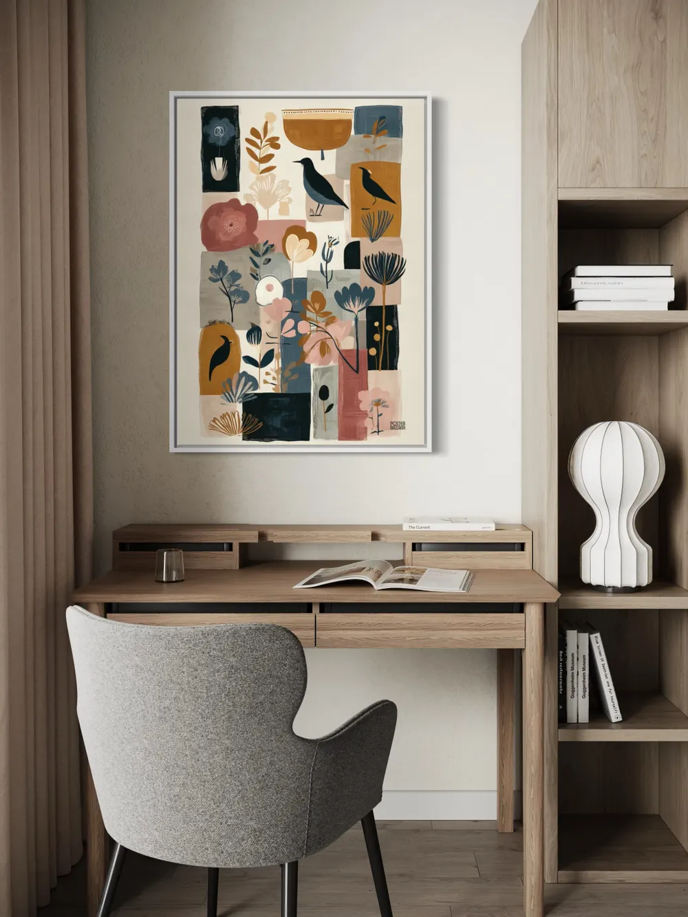 Plakat Birds & Flowers - czarne ptaki wśród kolorowych abstrakcyjnych kwiatów - obrazek 2
