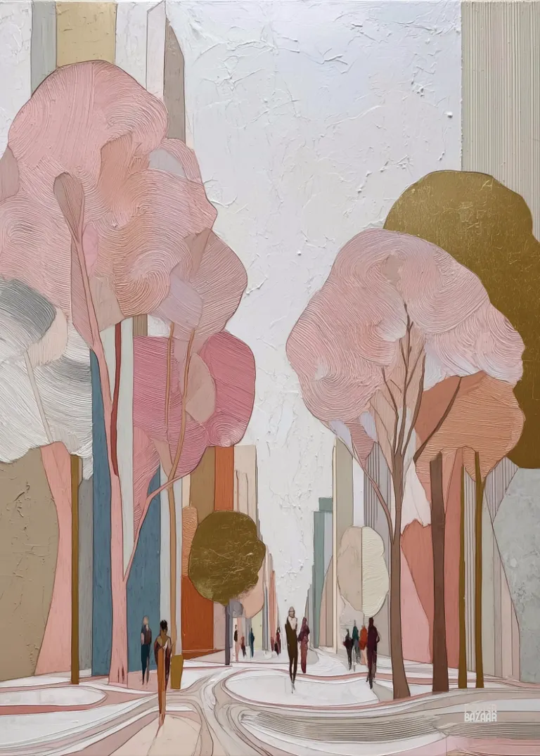 Blush City — elegancka ulica miejska w różowych odcieniach, z drzewami i ludźmi, nowoczesna