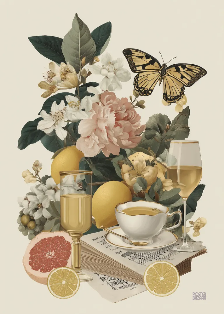 Butterfly Citrus — żółty motyl nad kwiatami i cytrusami w jasnych kolorach