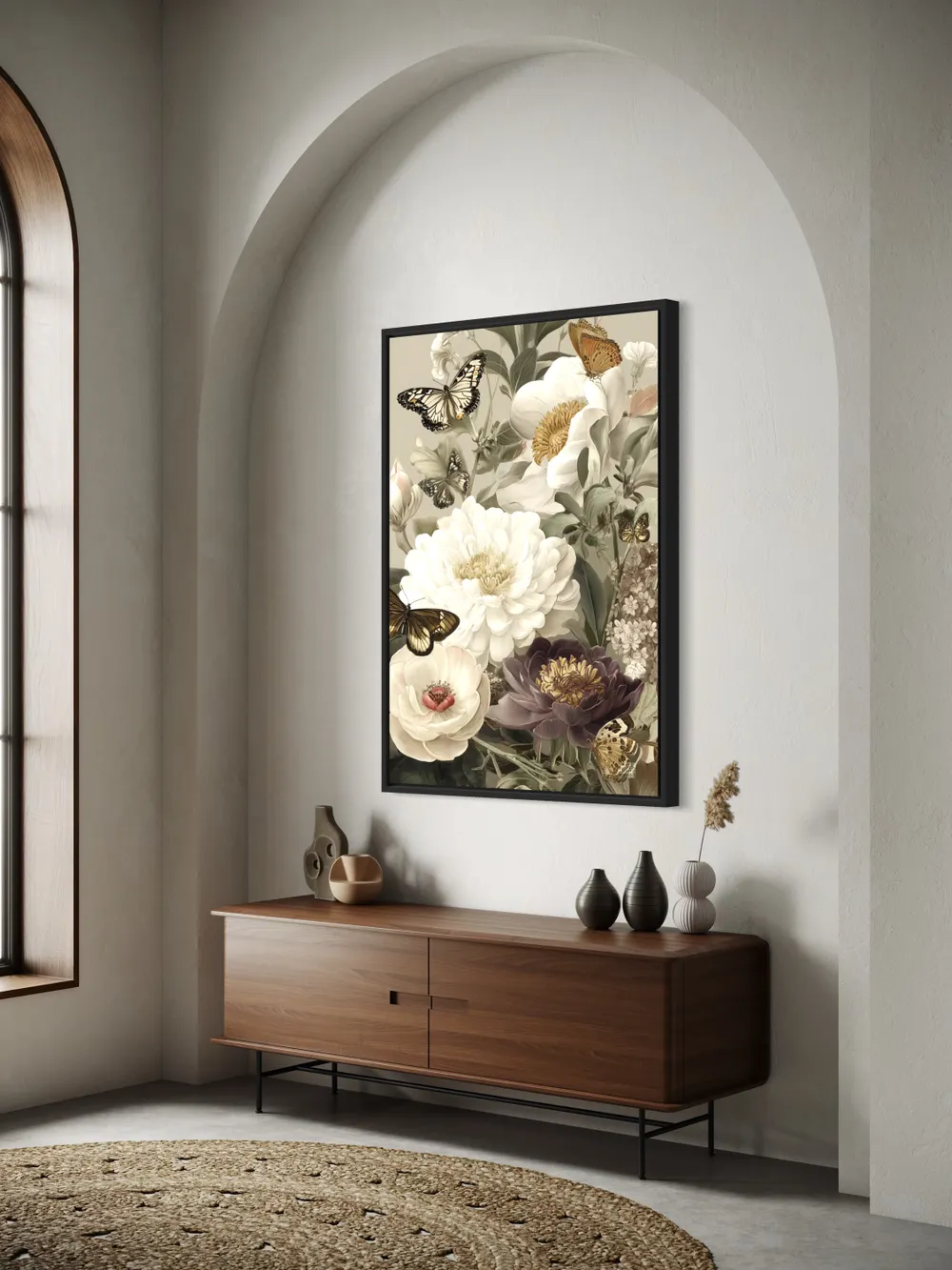 Plakat Butterfly Reverence - kremowe i bordowe kwiaty z motylami, botaniczny styl - obrazek 2