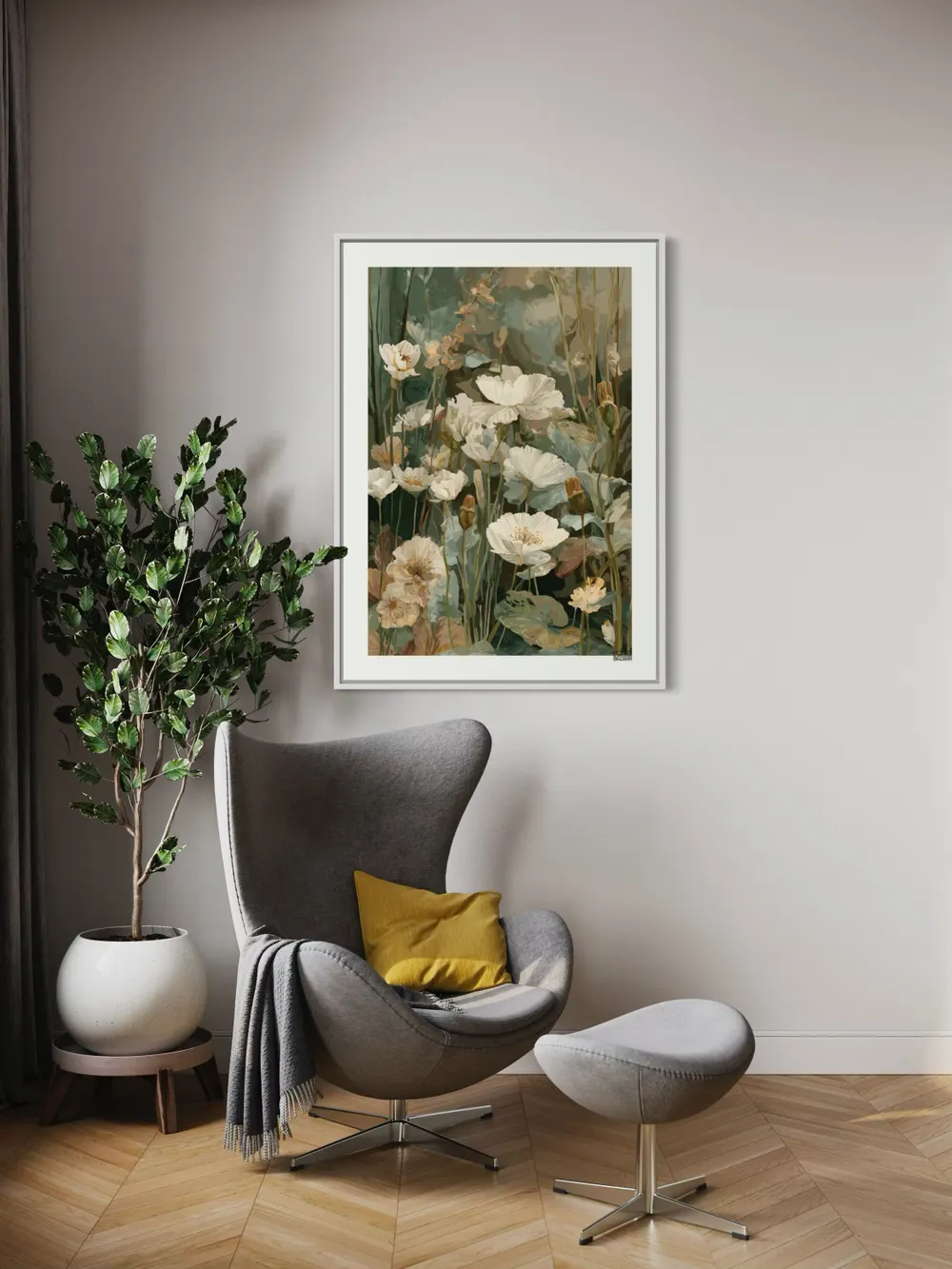 Plakat Pastel Meadow - delikatne kremowe kwiaty na tle zieleni i beżu - obrazek 2