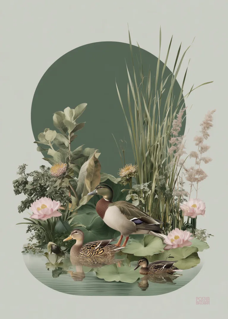 Lotus Pond Trio — spokojny staw z kaczkami i lotosami, realistyczna ilustracja