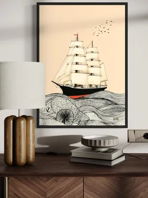 Plakat Crimson Voyage - majestatyczny żaglowiec z czerwonym kadłubem na wzorzystych falach - obrazek 2