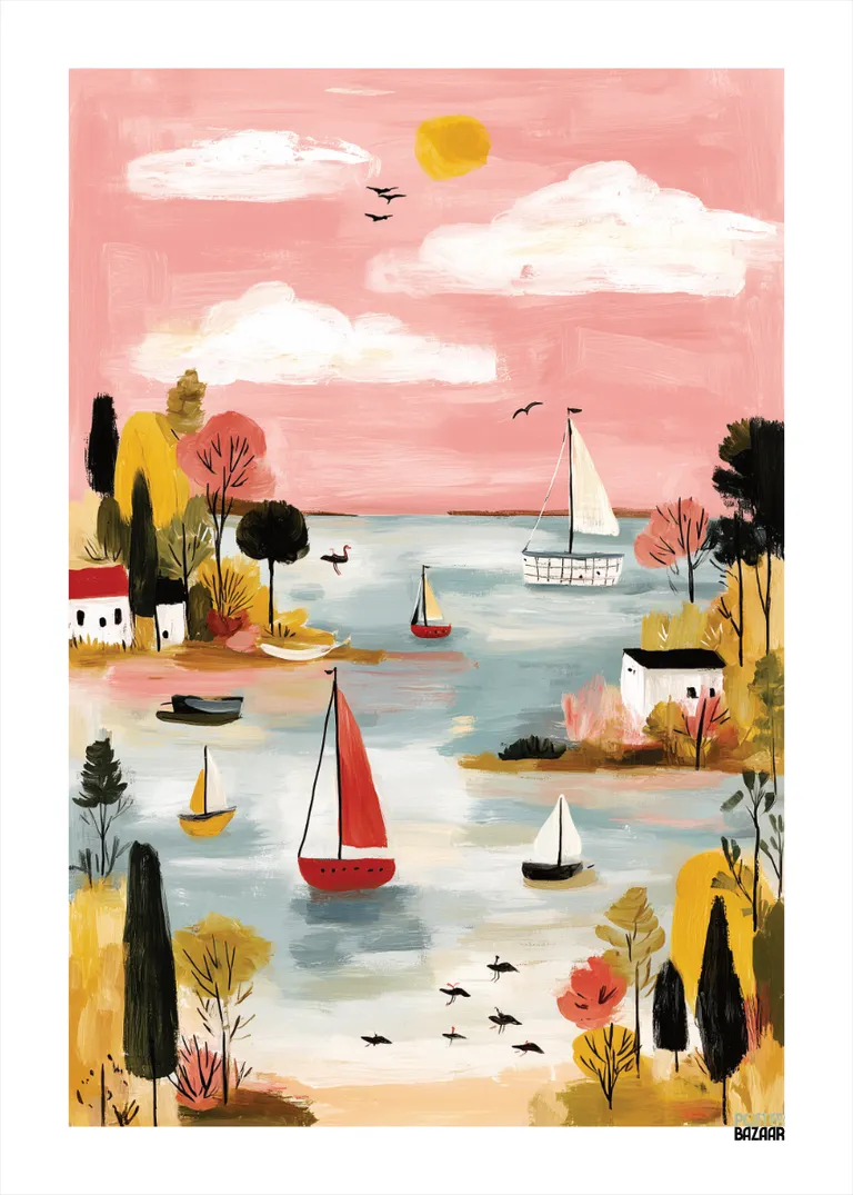 Pink Sailing — radosna scena żaglówek na spokojnej wodzie w różowych odcieniach
