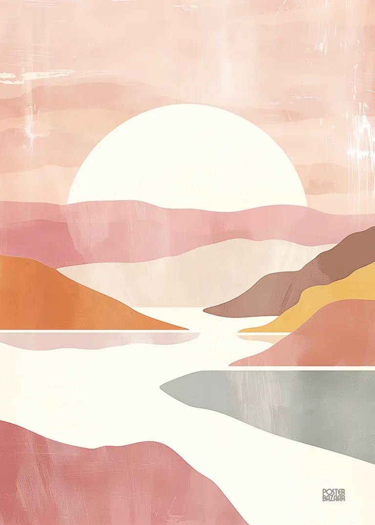Pastel Sunrise — delikatna pastelowa scena z bialym sloncem i abstrakcyjnymi wzgorzami