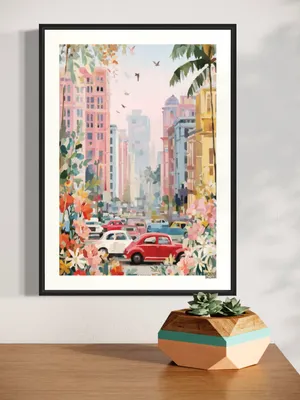 Plakat Urban Bloom - kolorowe miasto z wieżowcami i palmami - obrazek 2