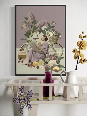 Plakat Lilac Leisure - kobieta w liliowej sukience przy rowerze z kwiatami - obrazek 2