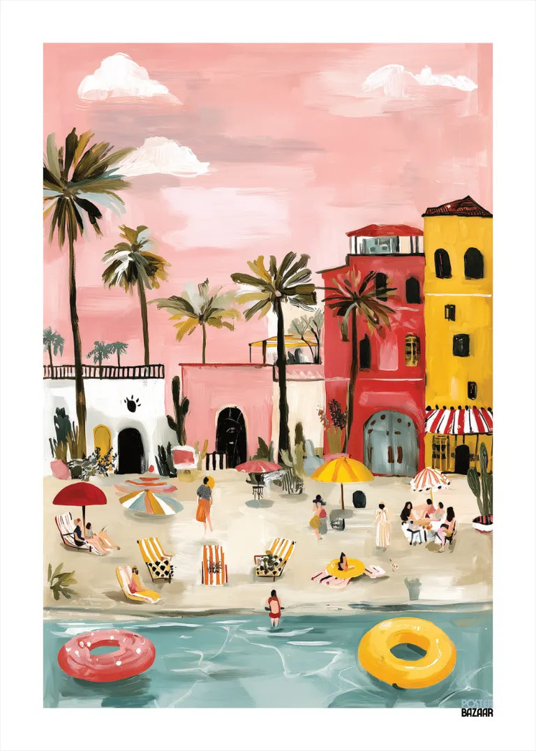 Tropical Beach — kolorowy plakat z palmami, pastelowymi budynkami i różowym niebem