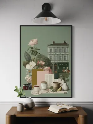 Plakat Green Harmony - elegancki zielony budynek, kwiaty, kawa, spokojny klimat - obrazek 2
