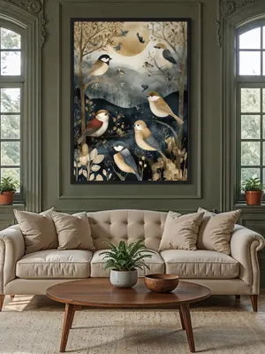 Plakat Moonlit Aviary - ptaki na gałęziach pod złocistym księżycem - obrazek 2