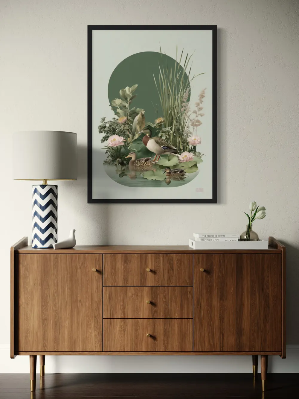 Plakat Lotus Pond Trio - spokojny staw z kaczkami i lotosami, realistyczna ilustracja - obrazek 2