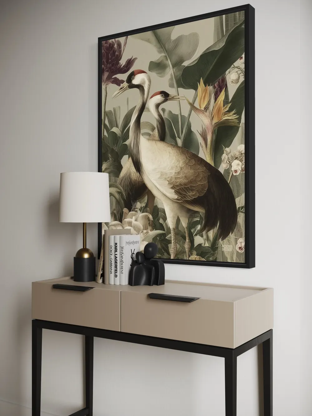Plakat Crane Gardenia - dwa żurawie wśród egzotycznych liści i kwiatów, styl vintage - obrazek 2