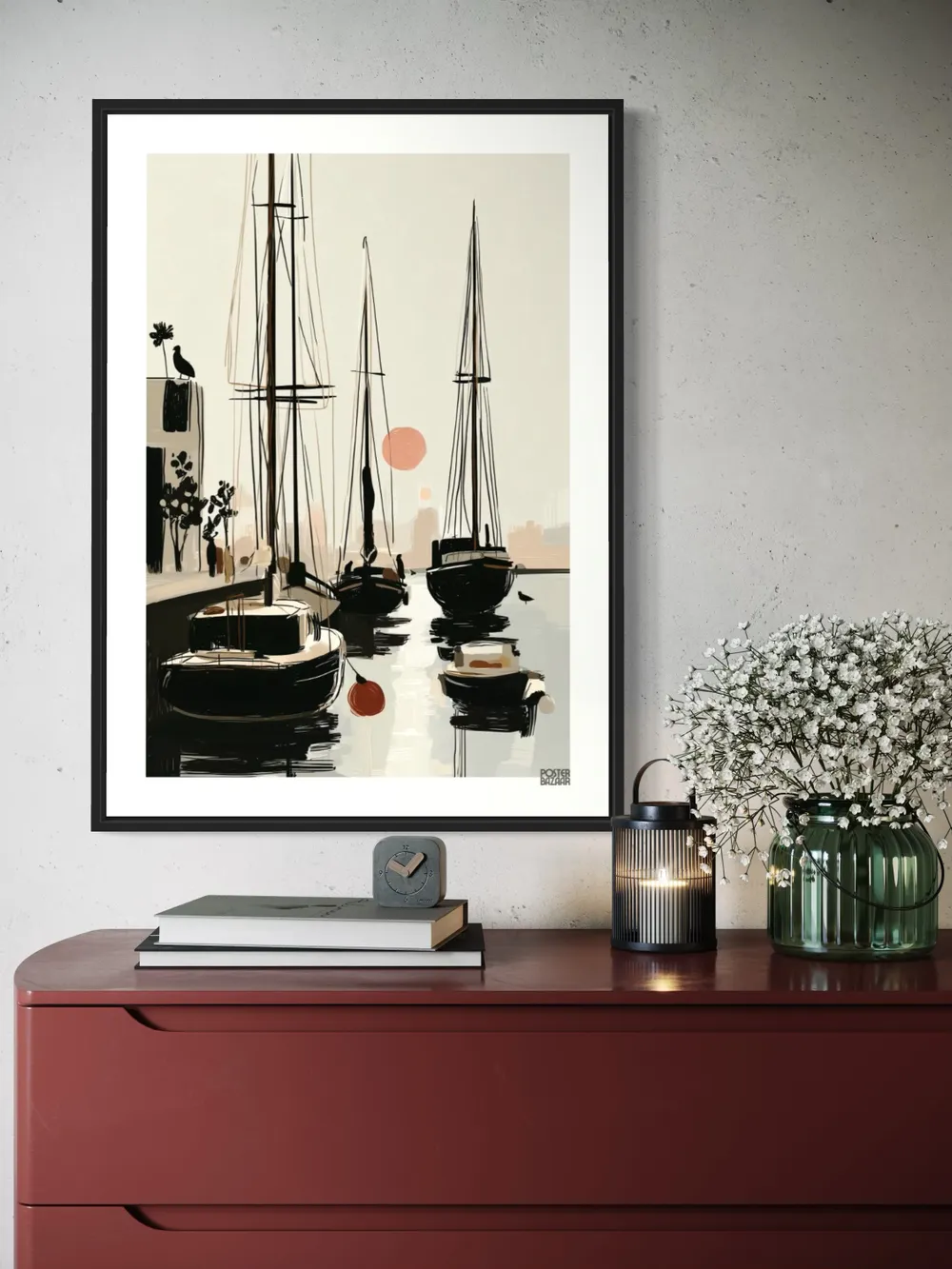 Plakat Harbor Still - spokojna marina z jachtami, różowe słońce, szkicowy styl - obrazek 3