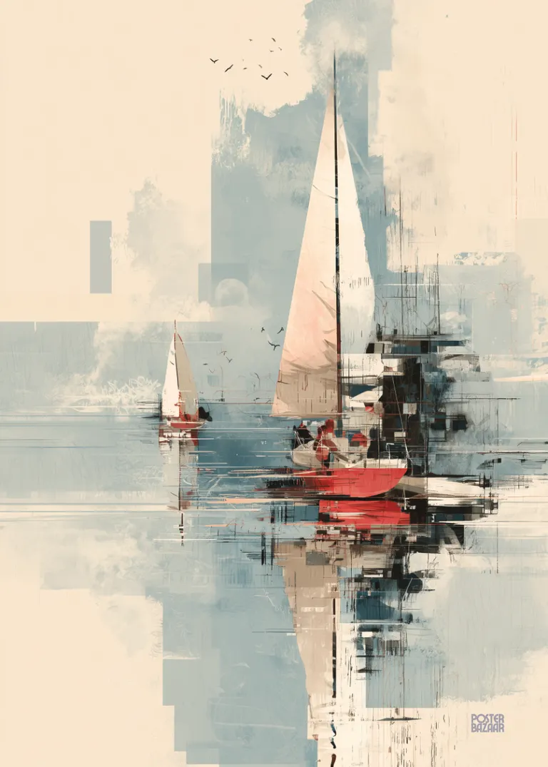 Crimson Sails — plakat z żaglówkami w nowoczesnym, marzycielskim stylu