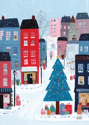Plakat Snowy Gift Lane - kolorowa choinka i zimowe miasteczko w śniegu