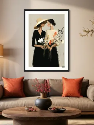 Plakat Whispered Blooms - dwie kobiety z bukietami polnych kwiatów w stonowanych kolorach - obrazek 2