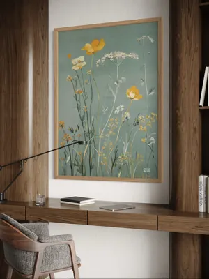 Plakat Tranquil Field Art - delikatne dzikie kwiaty w pastelowych barwach na malarskim błękitnym tle - obrazek 2