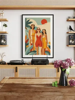 Plakat Retro Summer - trzy kobiety w okularach na tle tropikalnych liści, retro kolory - obrazek 3