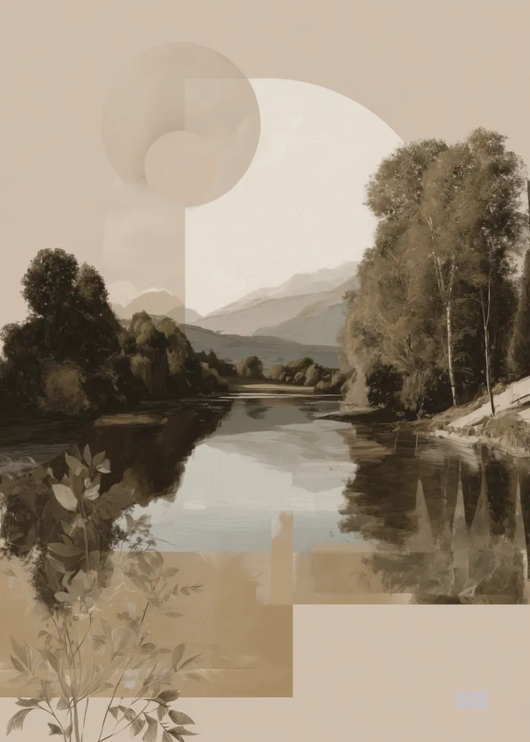 Geometric River — spokojna rzeka z drzewami i górami