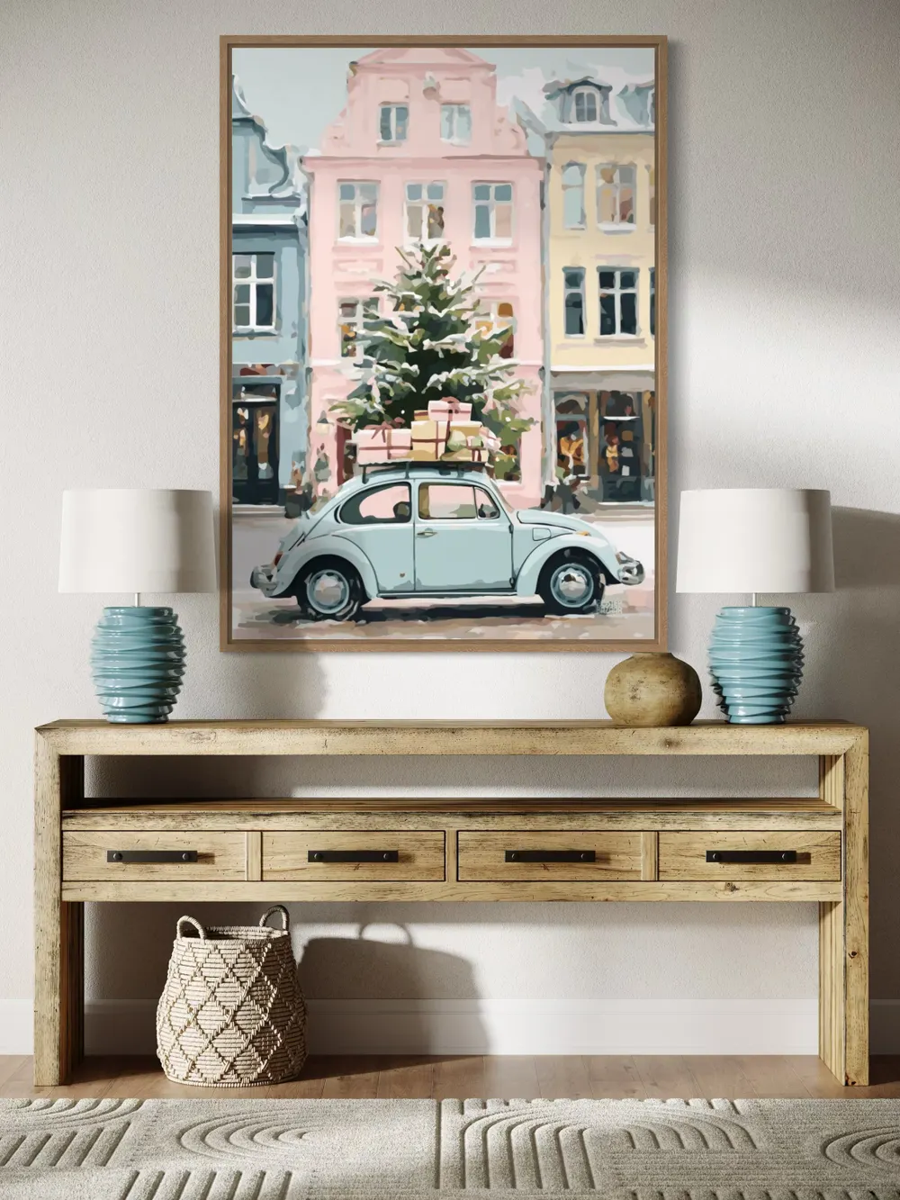 Plakat Pastel Delivery - pastelowy samochód z prezentami i świąteczna kamienica - obrazek 2