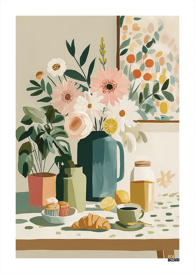 Breakfast Mood — kolorowy stół śniadaniowy z kwiatami i pastelami