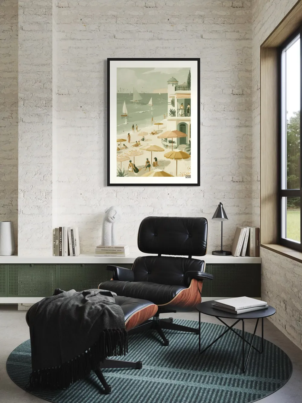 Plakat Seaside Escape - plaża z parasolami i żaglówkami w pastelowych barwach - obrazek 2