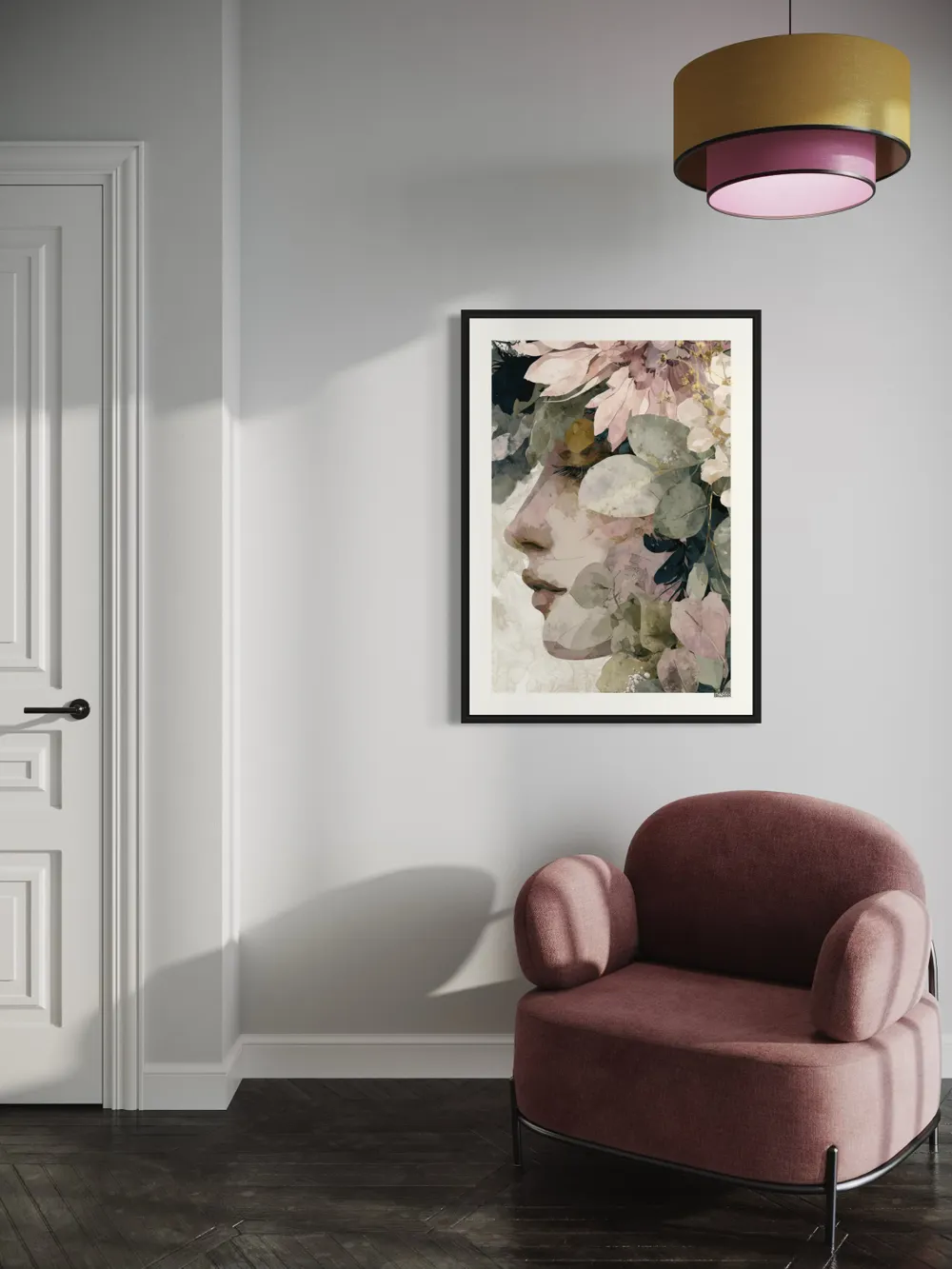 Plakat Floral Dream - delikatny portret kobiety w pastelowych kwiatach i liściach - obrazek 3