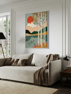Plakat Birch Lakeview - białe brzozy nad jeziorem w ciepłych kolorach - obrazek 2