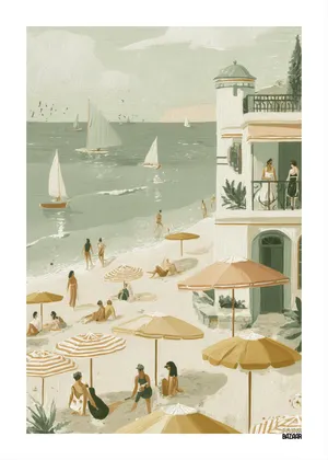 Plakat Seaside Escape - plaża z parasolami i żaglówkami w pastelowych barwach