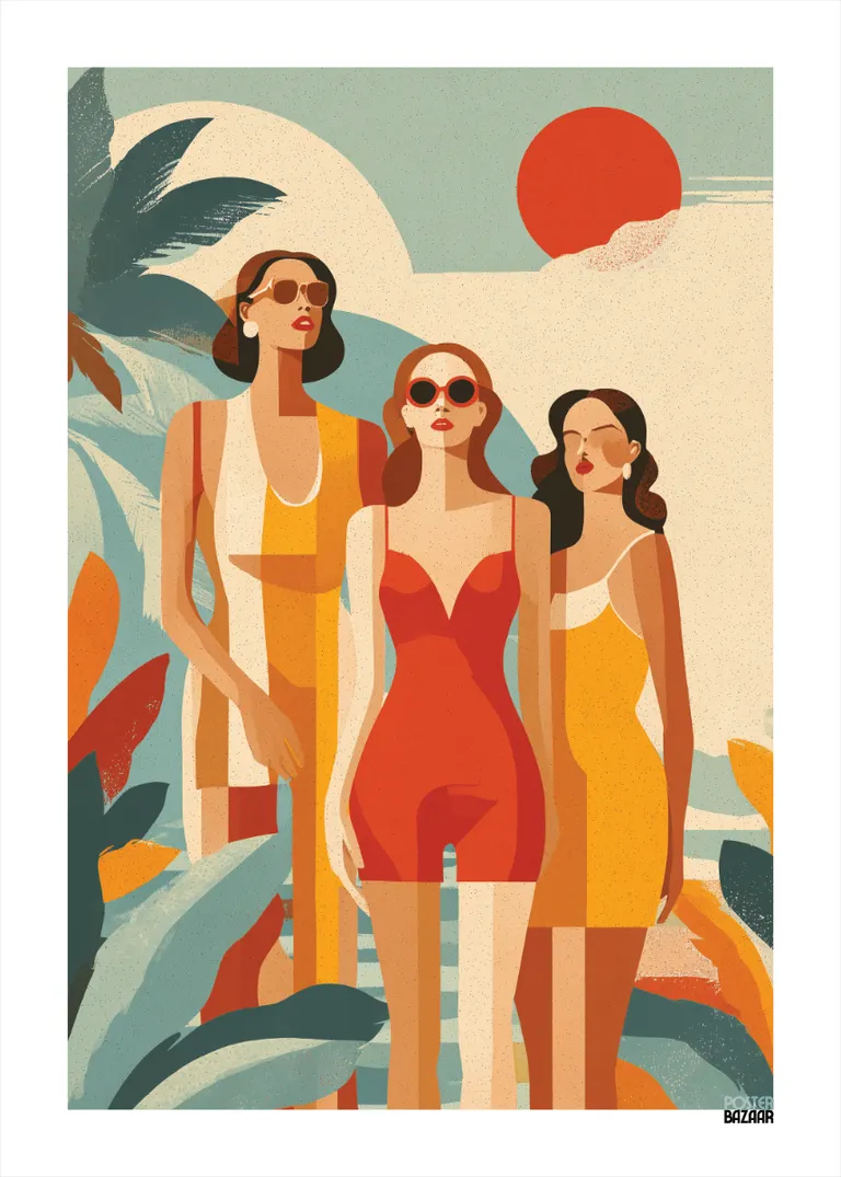 Retro Summer — trzy kobiety w okularach na tle tropikalnych liści, retro kolory