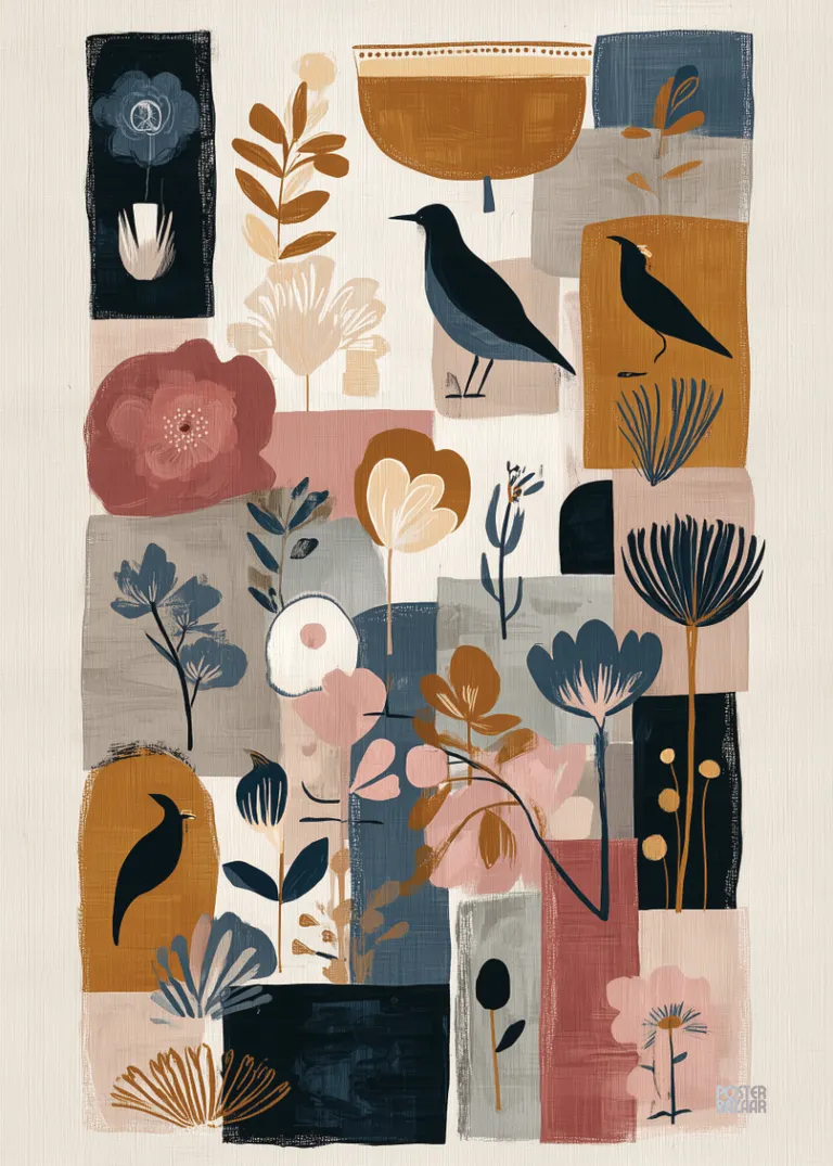Birds & Flowers — czarne ptaki wśród kolorowych abstrakcyjnych kwiatów