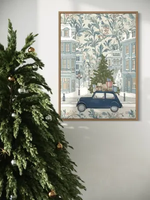 Plakat Frosty Delivery - klasyczny samochód z choinką na zimowej ulicy - obrazek 3