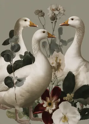 Plakat Goose Gathering - trzy białe gęsi wśród zielonych liści i kwiatów