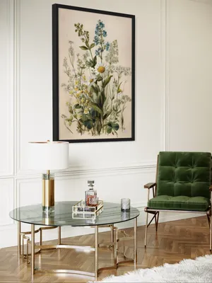 Plakat Wildflower Bouquet - piękny bukiet polnych kwiatów w botanicznym stylu, pełen zieleni, błękitu i bieli, na beżowym tle - obrazek 2