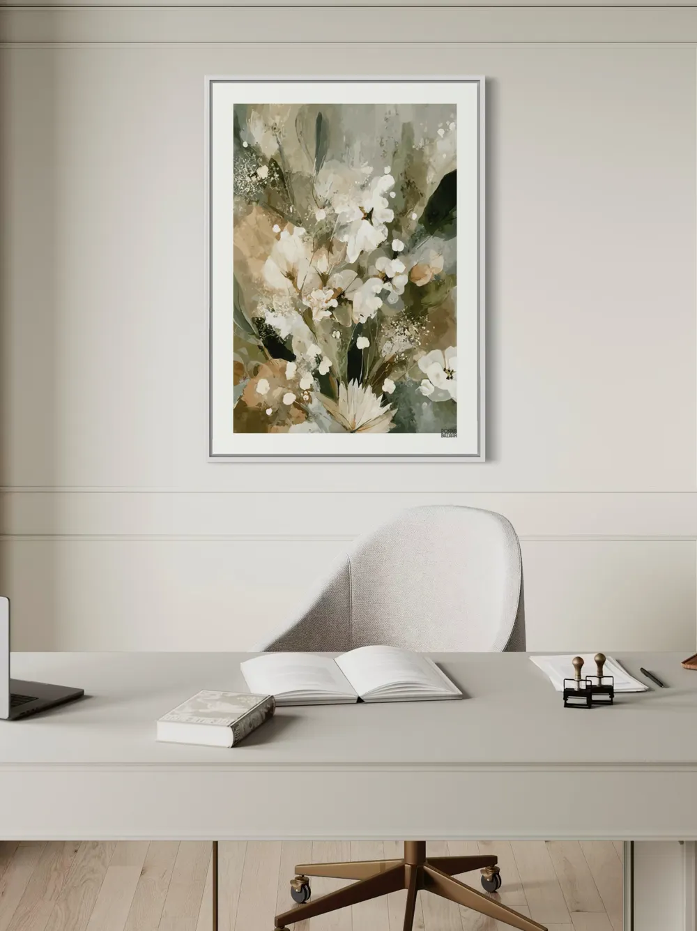 Plakat Green Bloom - delikatny bukiet białych kwiatów na zielonych liściach, akwarela - obrazek 2