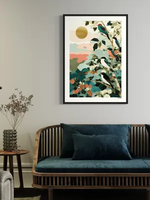 Plakat Golden Birds - kolorowe ptaki na gałęziach w bajkowym klimacie - obrazek 2
