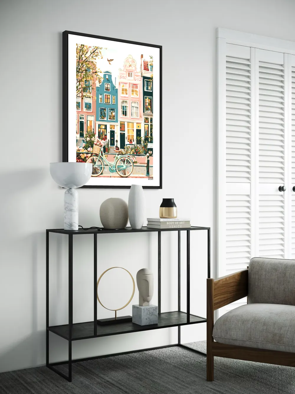 Plakat Pastel Houses - plakat z pastelowymi kamienicami i miętowym rowerem - obrazek 3