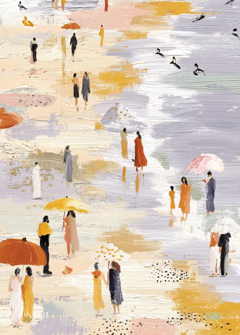 Beach Walk — spacer ludzi na plaży z kolorowymi parasolami w pastelach